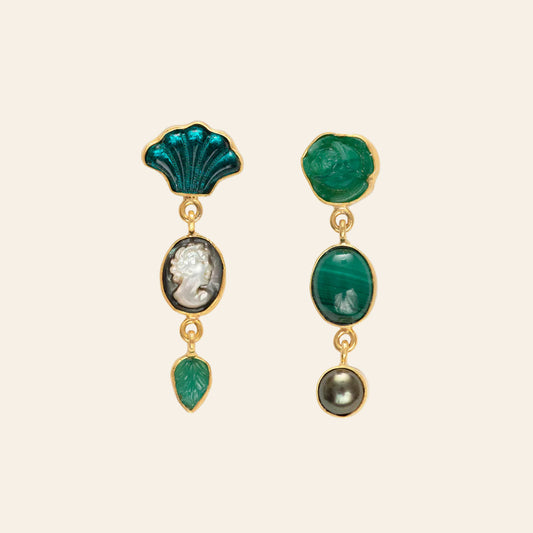 GRAINNE MORTON Dark Green Three Charm Moving Drop Earrings