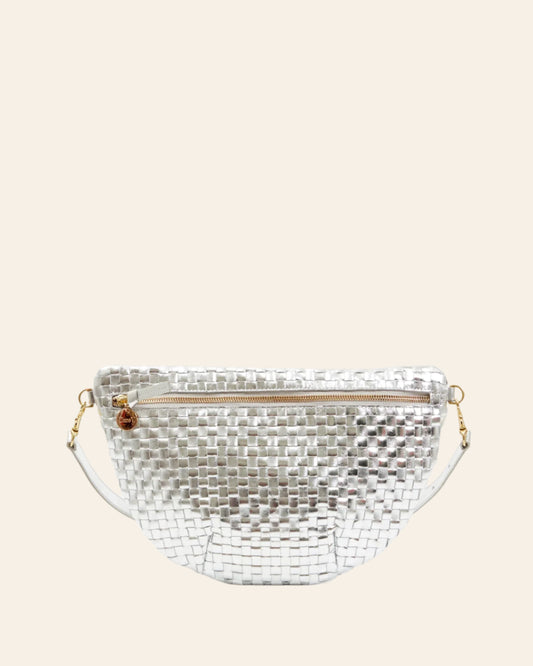 CLARE V Grande Fanny Silver Specchio Woven Checker