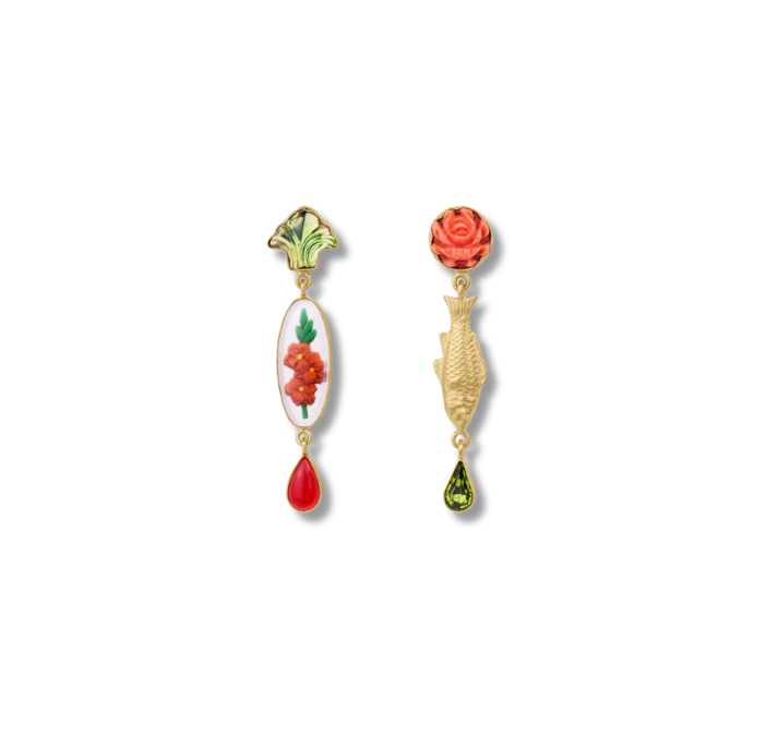 GRAINNE MORTON Fish & Vintage Cabochon Drop Earrings Coral