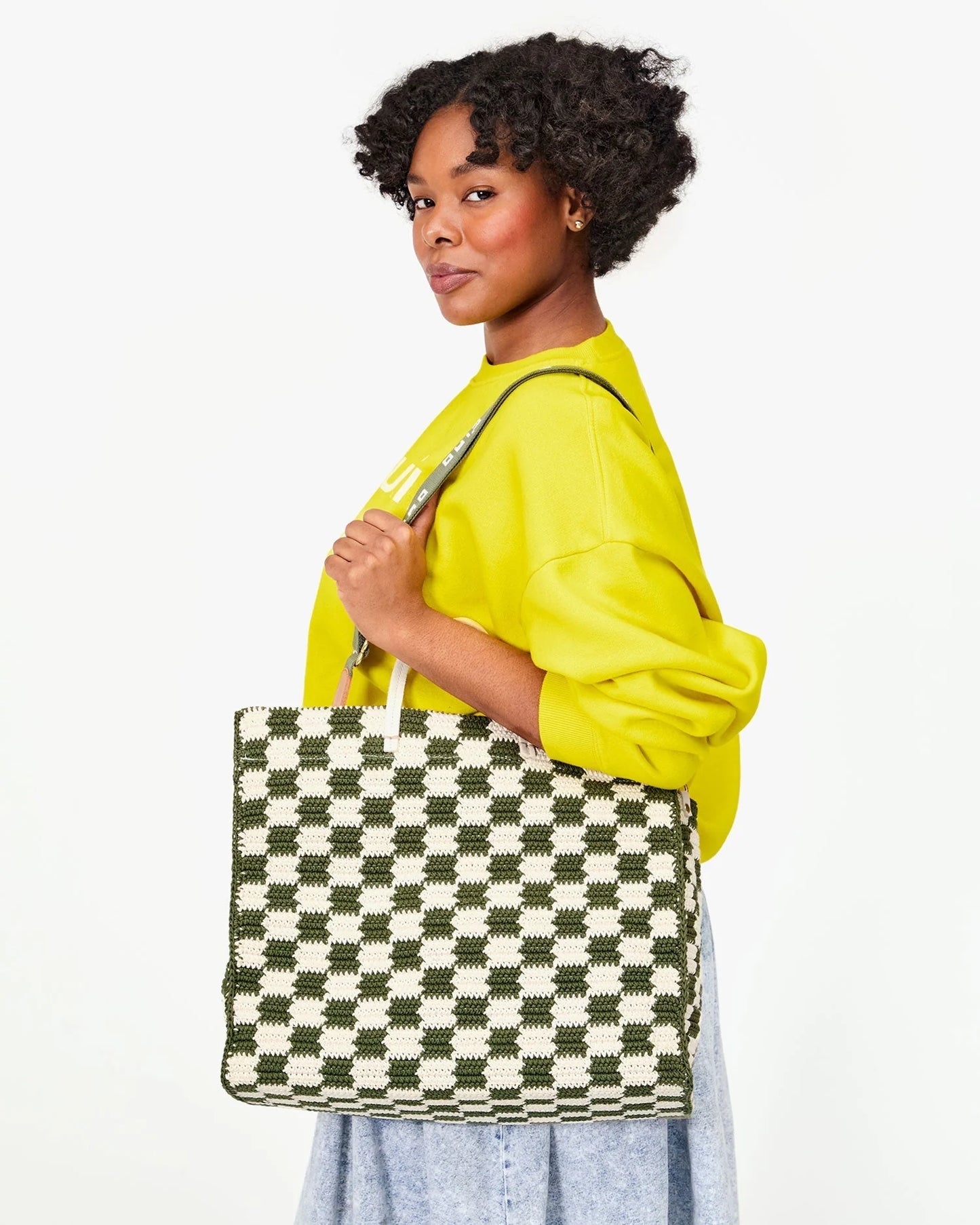 CLARE V Summer Simple Tote Olive & Cream Crochet
