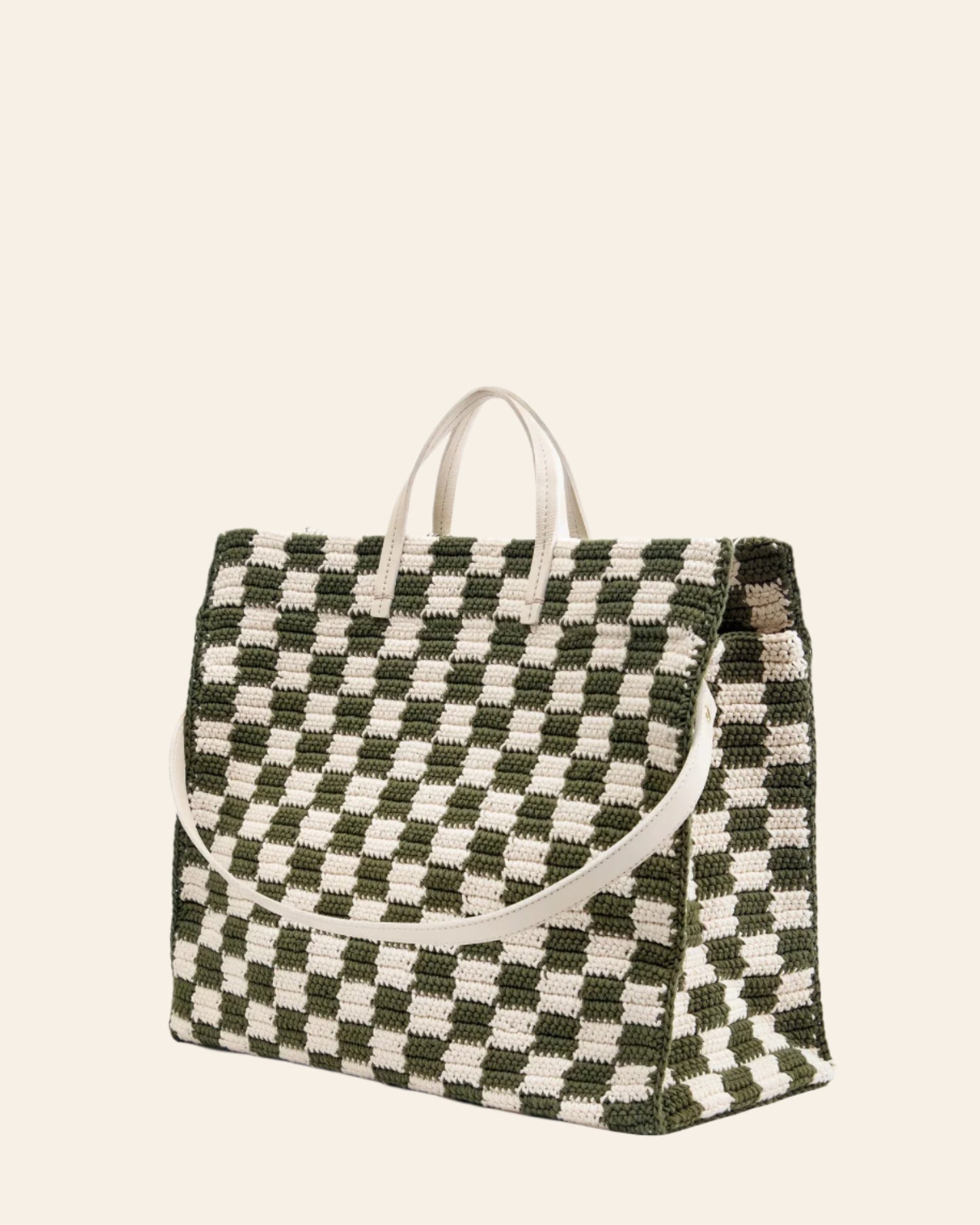 CLARE V Summer Simple Tote Olive & Cream Crochet