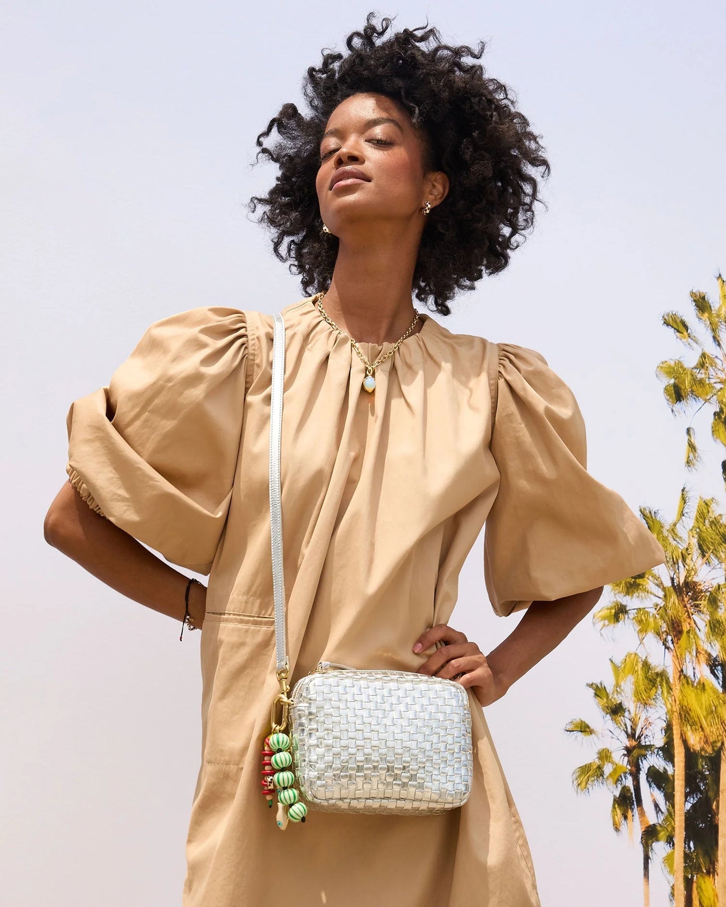 CLARE V Midi Sac Silver Specchio Woven Checker