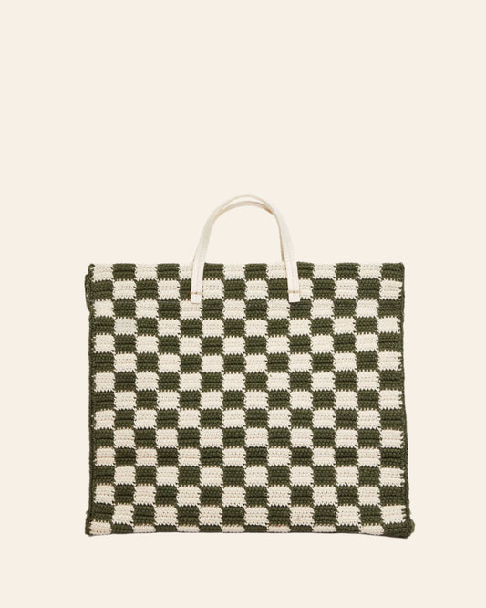 CLARE V Summer Simple Tote Olive & Cream Crochet